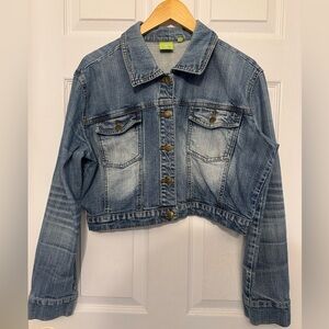 Y2K Distressed crop denim women’s jacket, size XL casual vintage